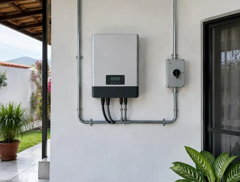 Inversor solar instalado en el muro de una casa con su interruptor de desconexión