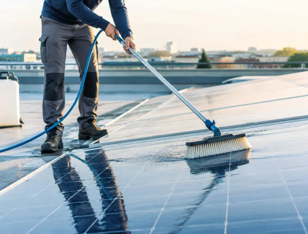 Persona limpiando paneles solares con cepillo y agua (imagen ilustrativa)