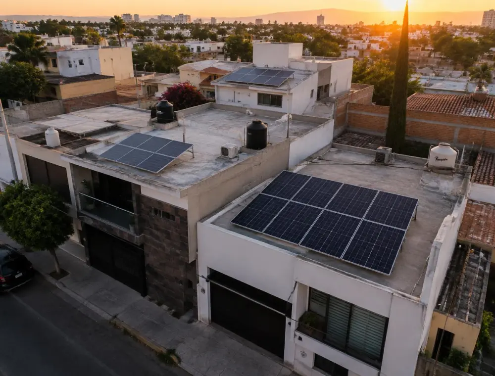 Vista aérea de casas en Guadalajara con paneles solares en sus techos (imagen ilustrativa, no son obras del negocio)
